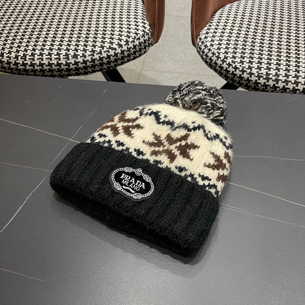 PRA 25 FAIR ISLE JACQUARD WOOL KNITTED BLACK HAT 822424