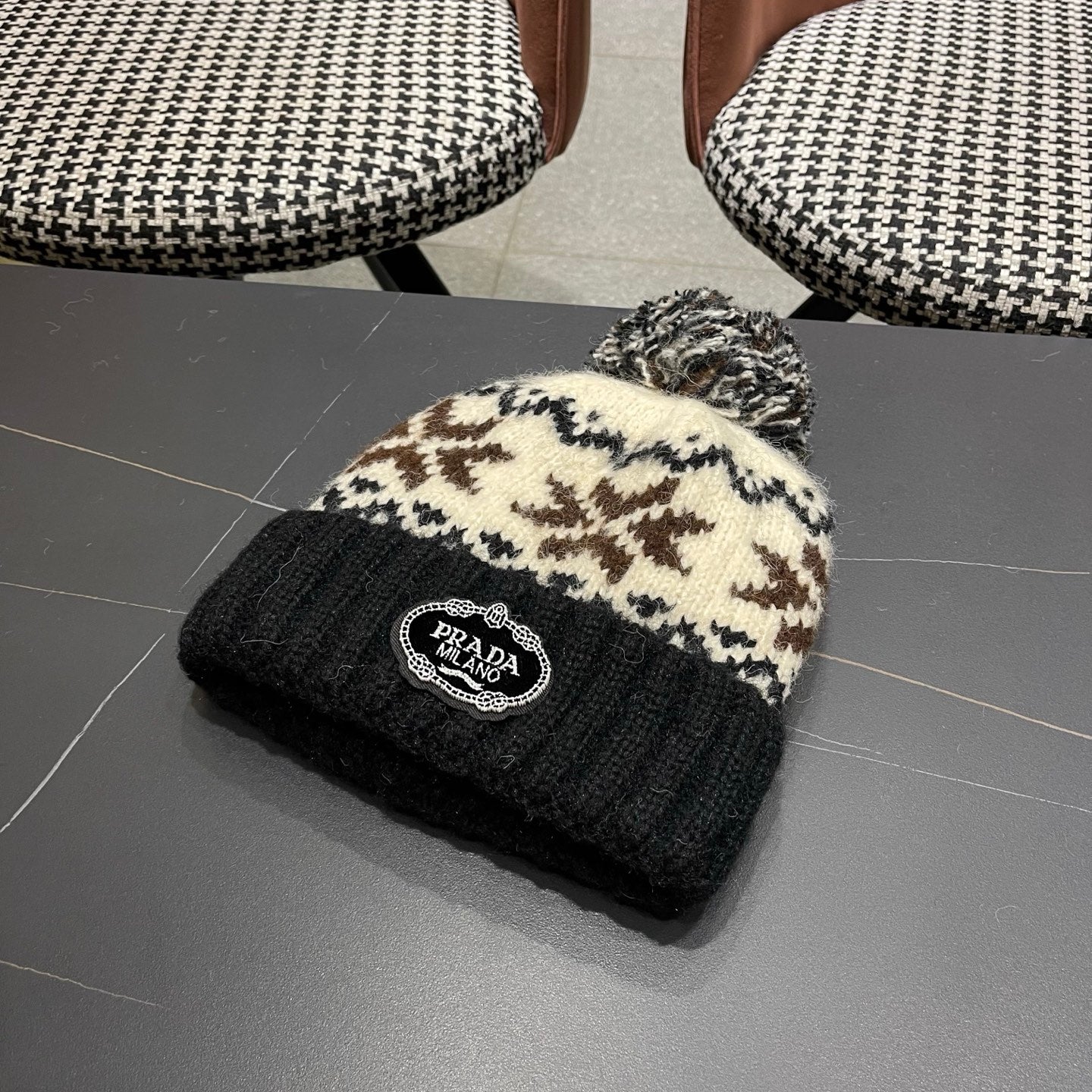 PRA 25 FAIR ISLE JACQUARD WOOL KNITTED BLACK HAT 822424