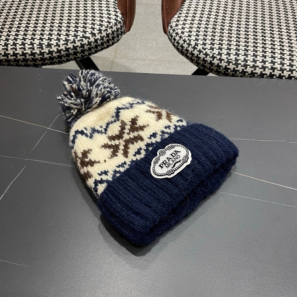 PRA 25 FAIR ISLE JACQUARD WOOL KNITTED BLUE HAT 822426