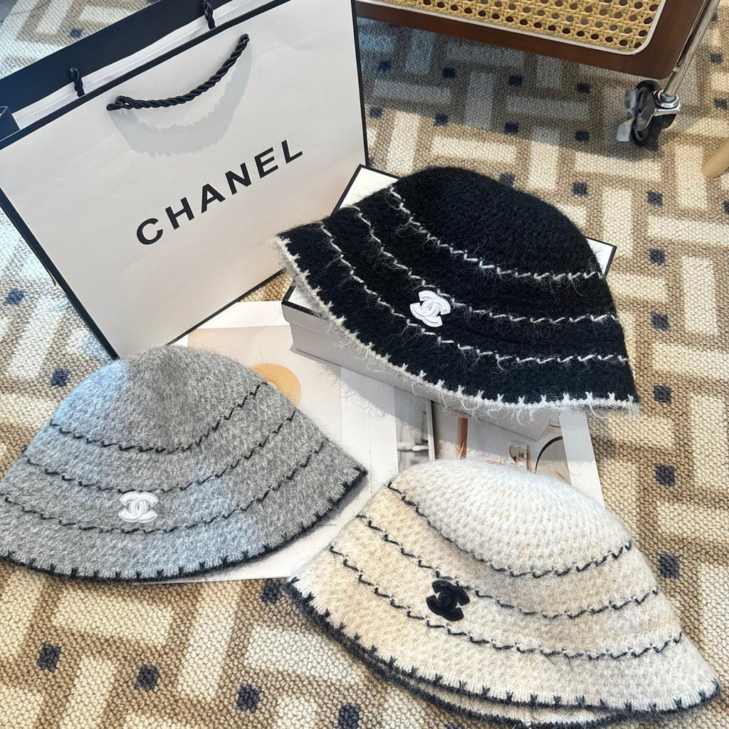 Chanel New Autumn/Winter Wool Blend Knit Bucket Grey Hat 960029