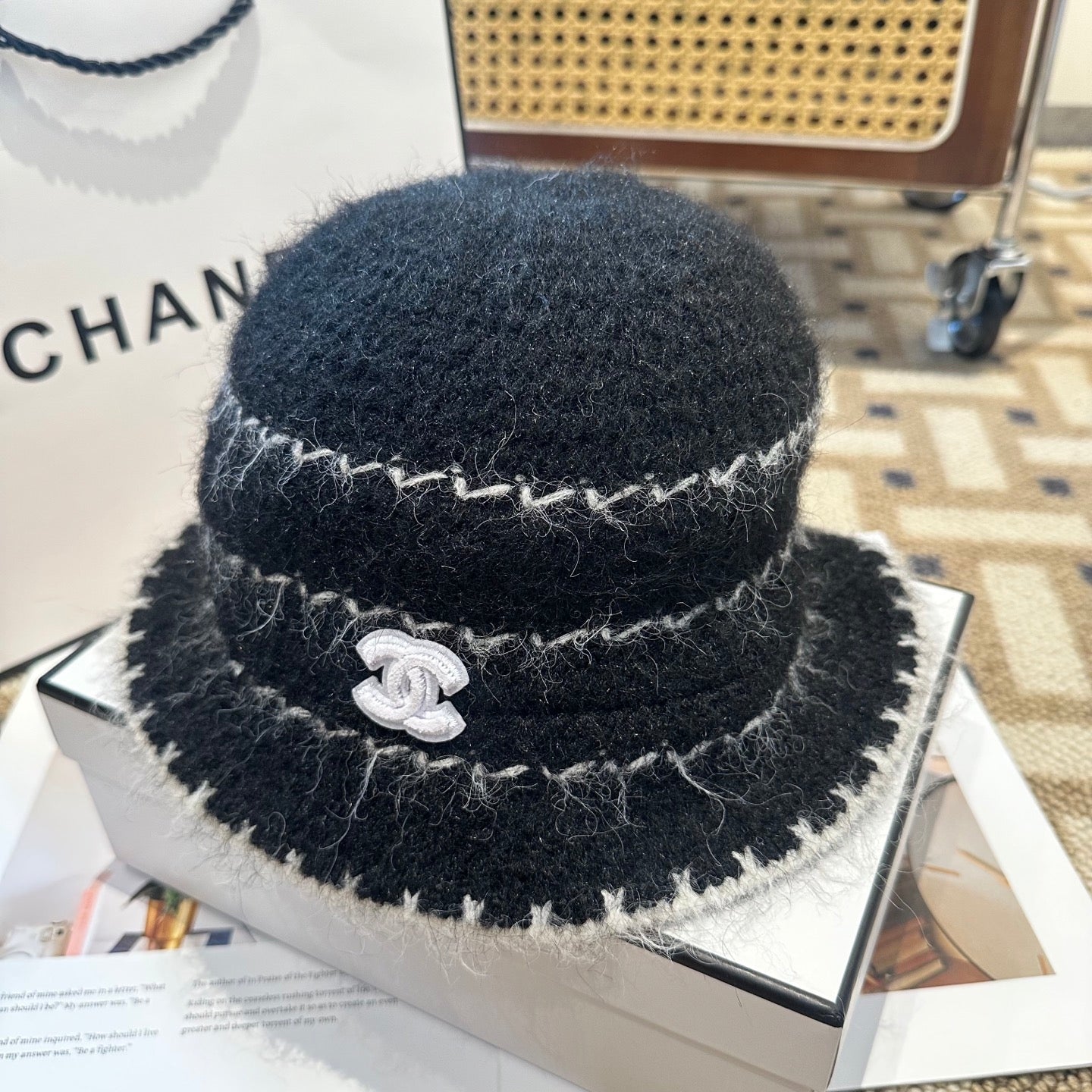 Chanel New Autumn/Winter Wool Blend Knit Bucket Black Hat 960028