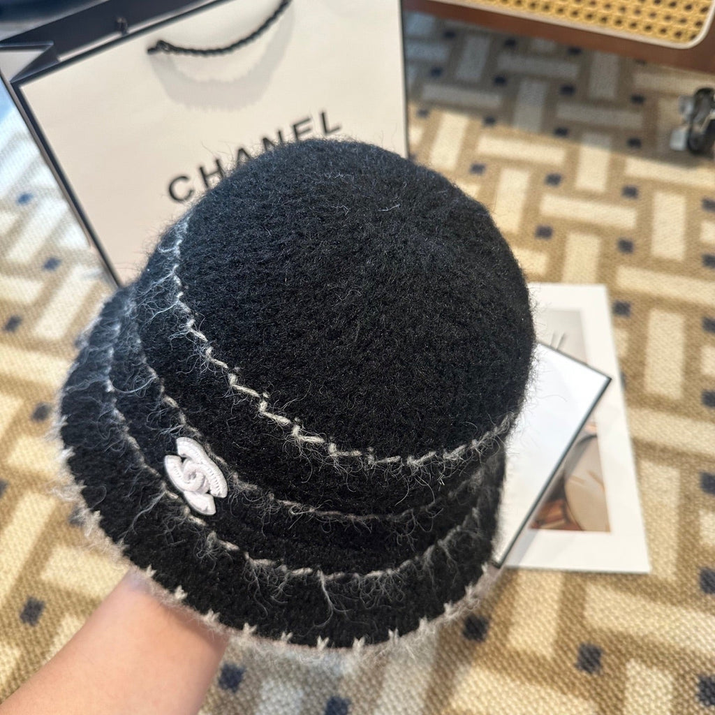 Chanel New Autumn/Winter Wool Blend Knit Bucket Black Hat 960028