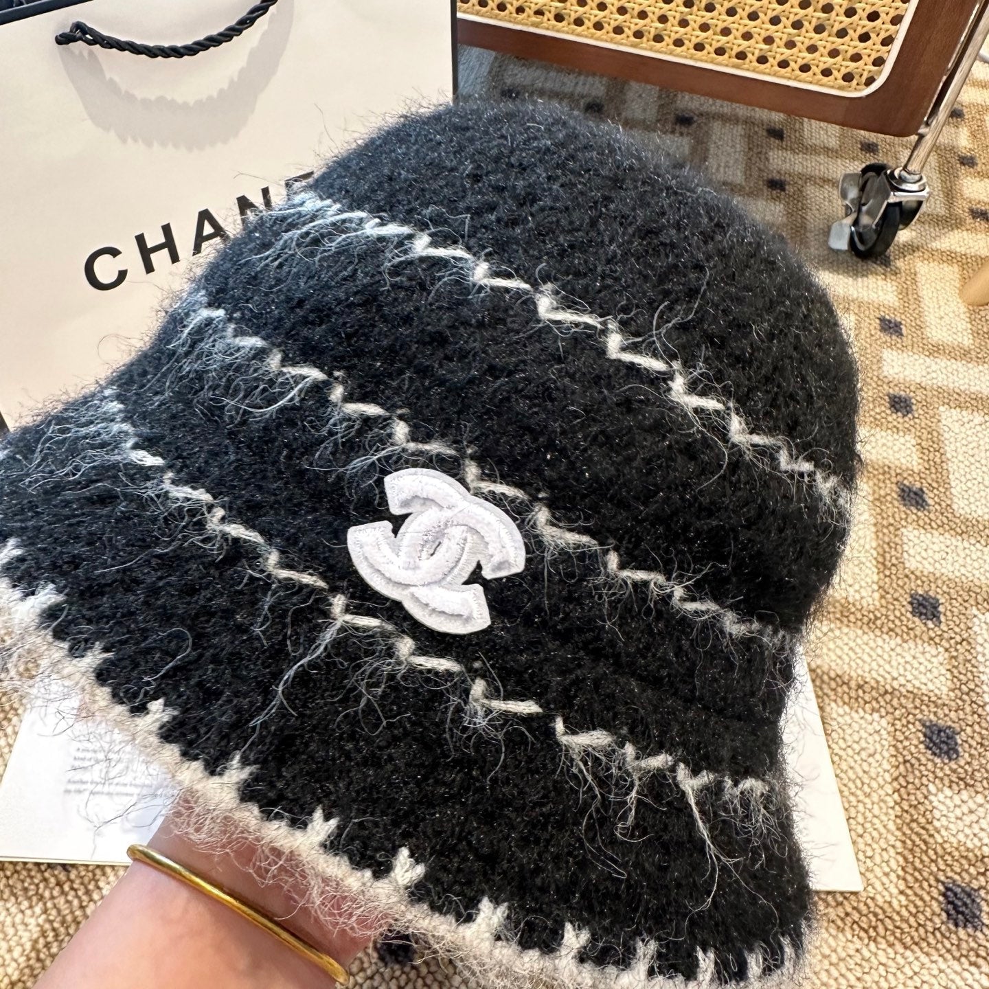 Chanel New Autumn/Winter Wool Blend Knit Bucket Black Hat 960028