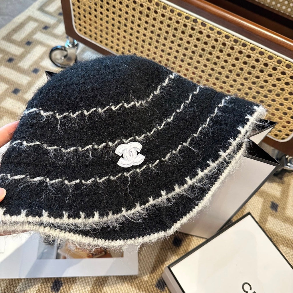 Chanel New Autumn/Winter Wool Blend Knit Bucket Black Hat 960028