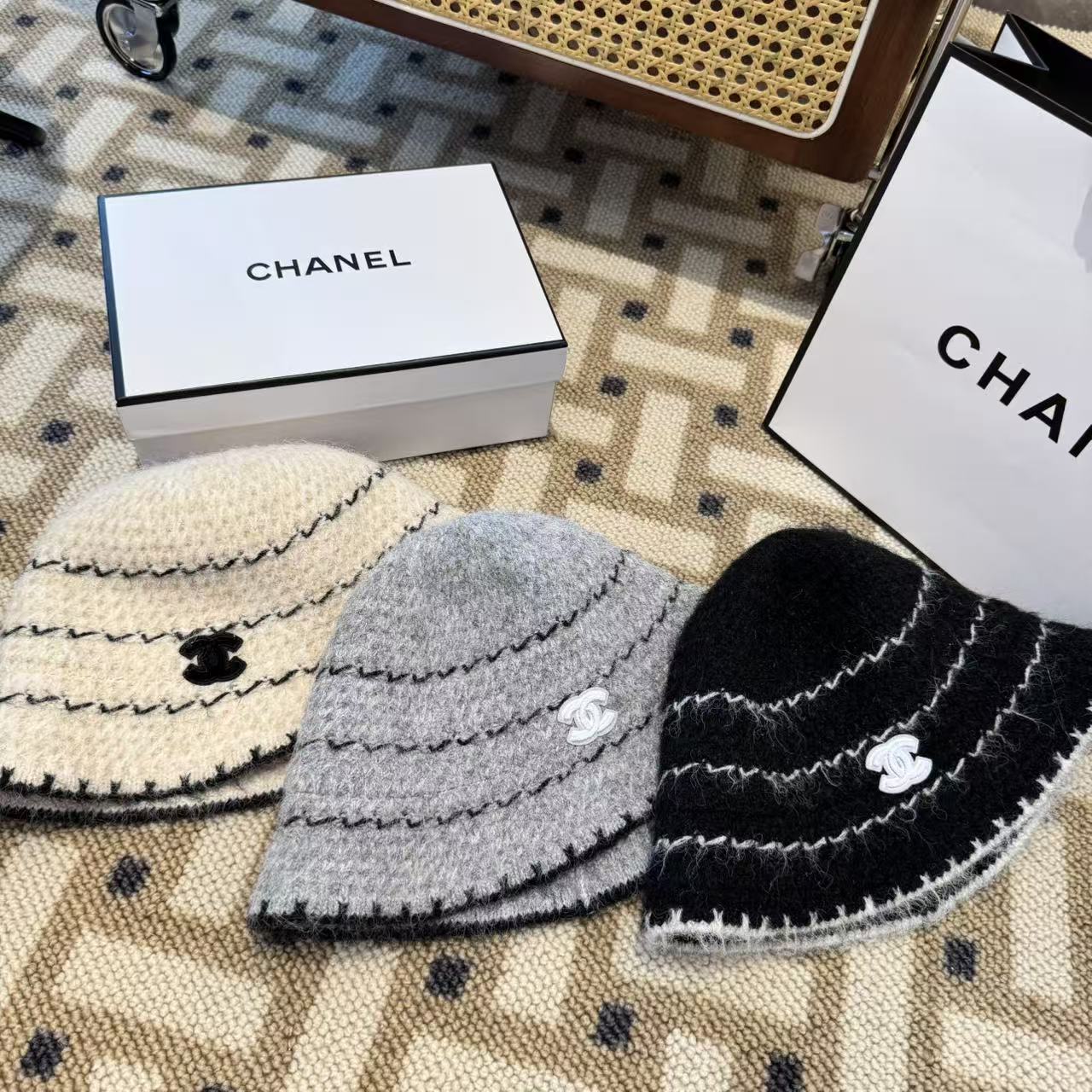 Chanel New Autumn/Winter Wool Blend Knit Bucket Grey Hat 960029