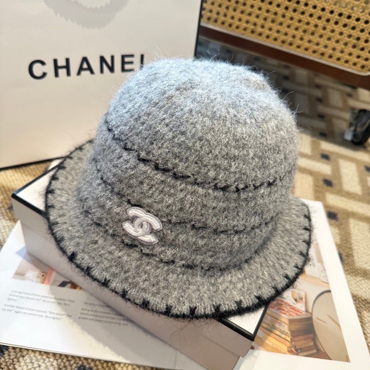 Chanel New Autumn/Winter Wool Blend Knit Bucket Grey Hat 960029