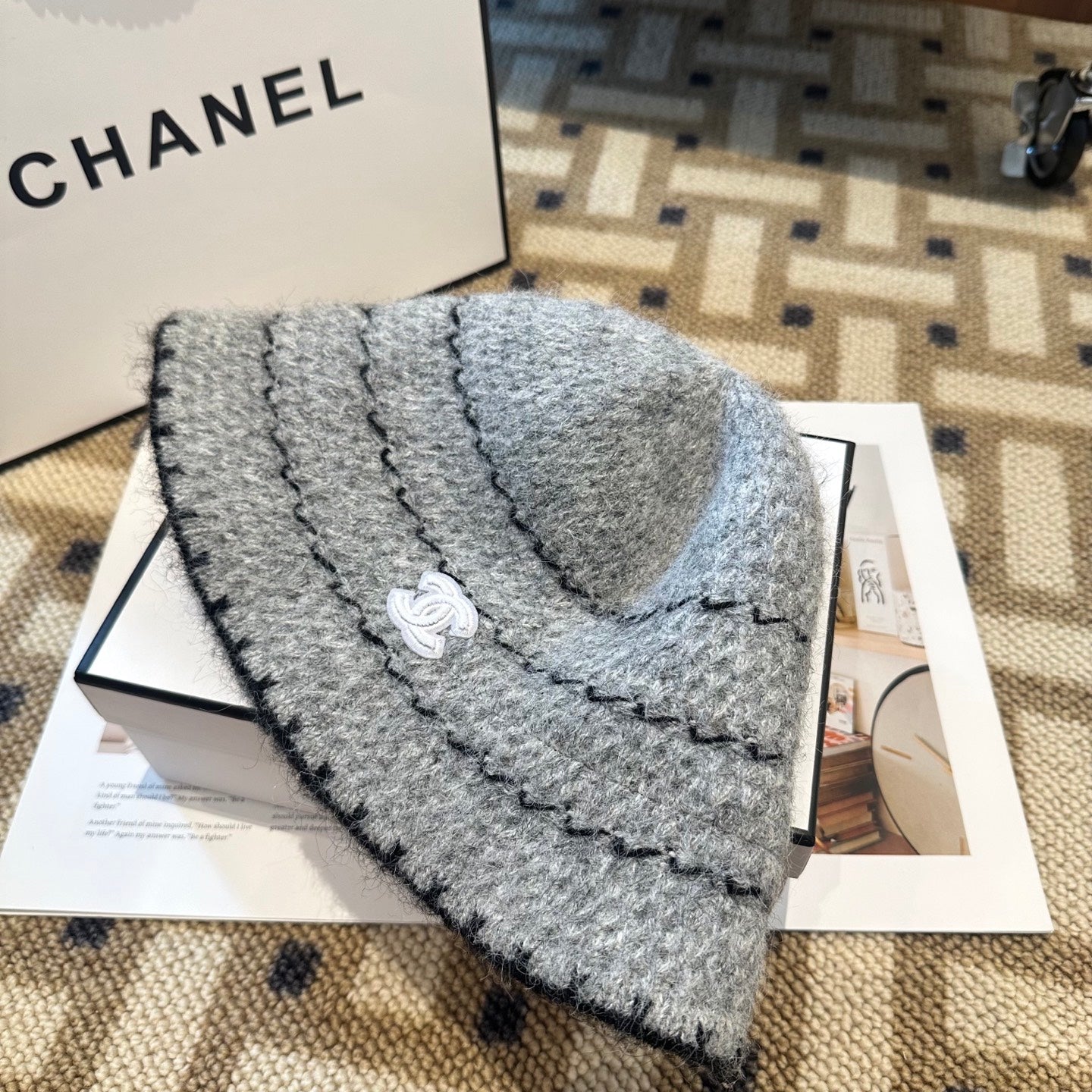 Chanel New Autumn/Winter Wool Blend Knit Bucket Grey Hat 960029