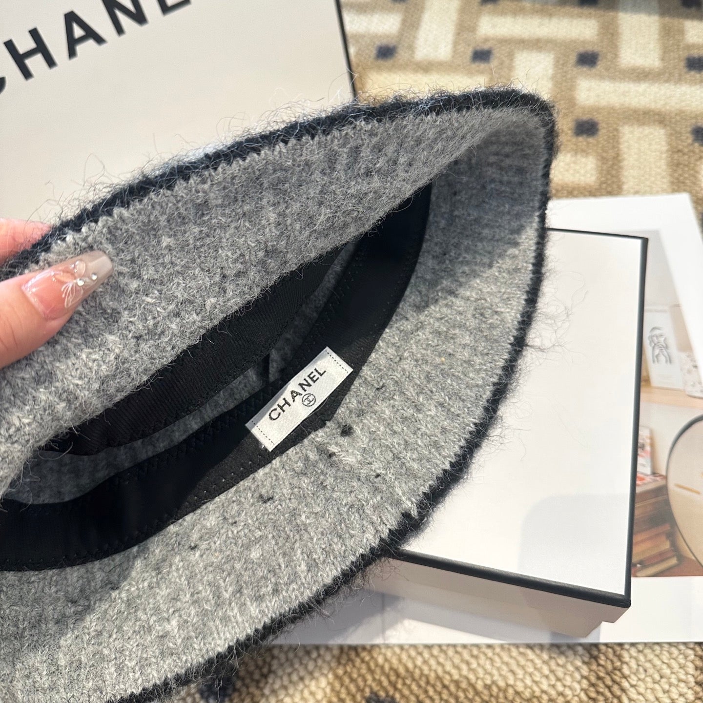 Chanel New Autumn/Winter Wool Blend Knit Bucket Grey Hat 960029