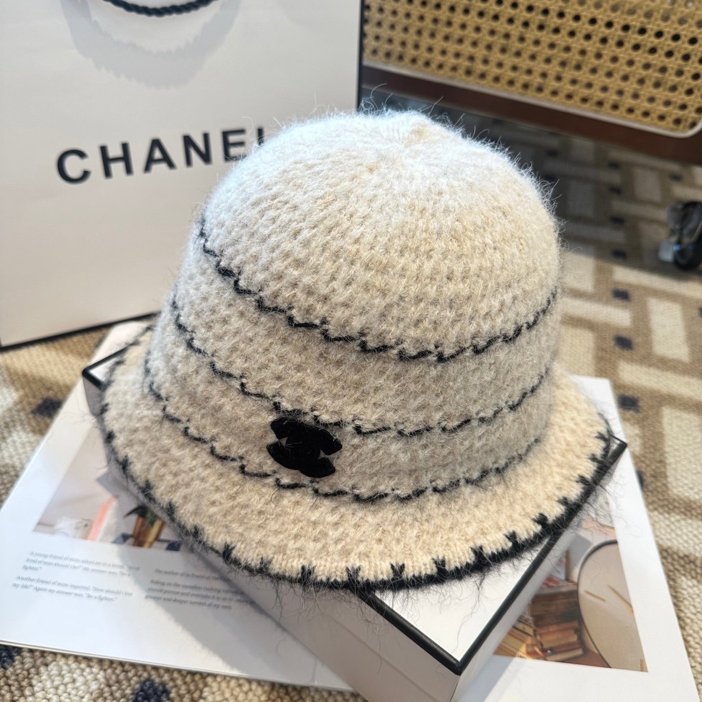 Chanel New Autumn/Winter Wool Blend Knit Bucket White Hat 960030