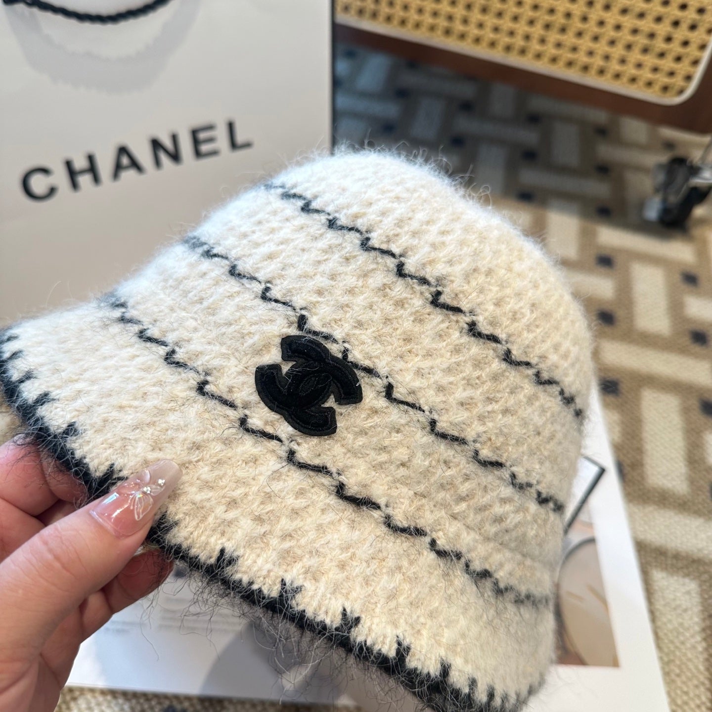 Chanel New Autumn/Winter Wool Blend Knit Bucket White Hat 960030