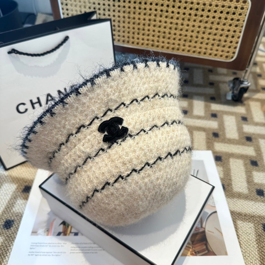 Chanel New Autumn/Winter Wool Blend Knit Bucket White Hat 960030