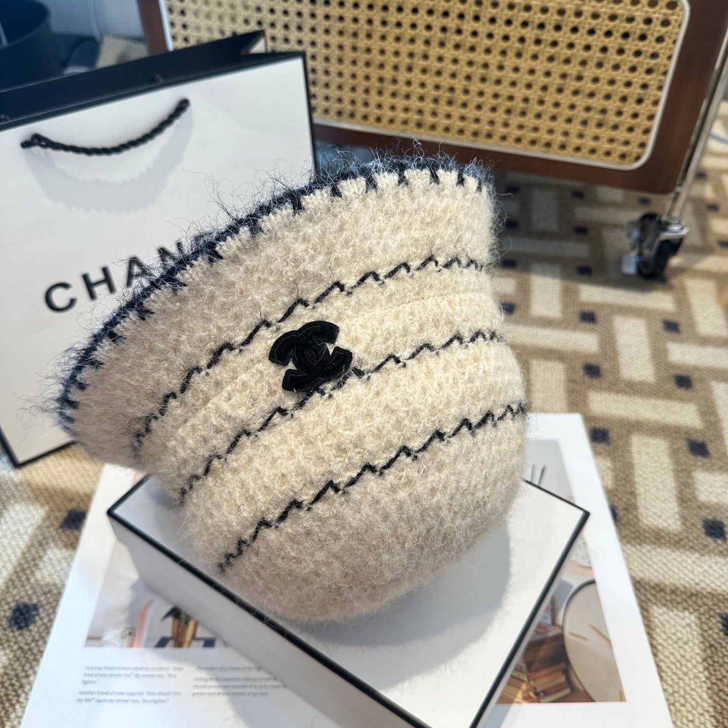 Chanel New Autumn/Winter Wool Blend Knit Bucket White Hat 960030