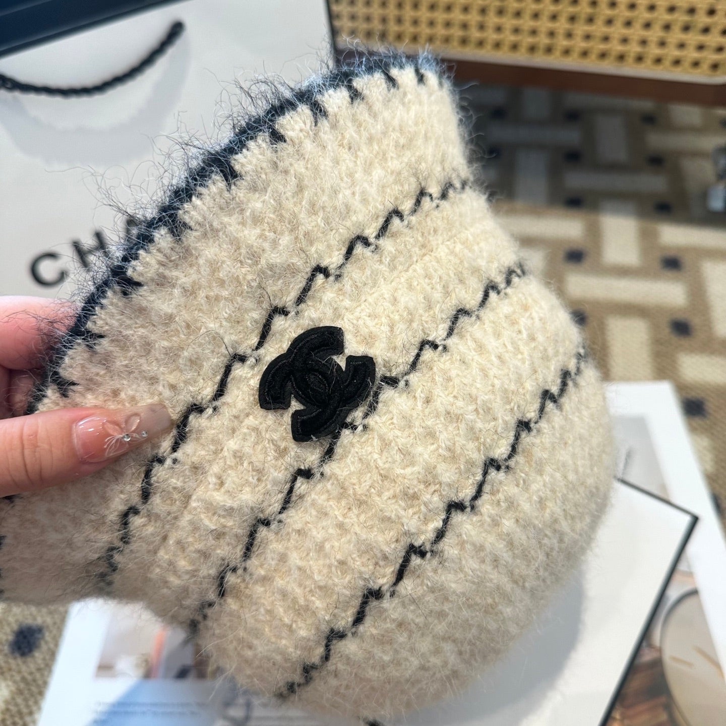 Chanel New Autumn/Winter Wool Blend Knit Bucket White Hat 960030