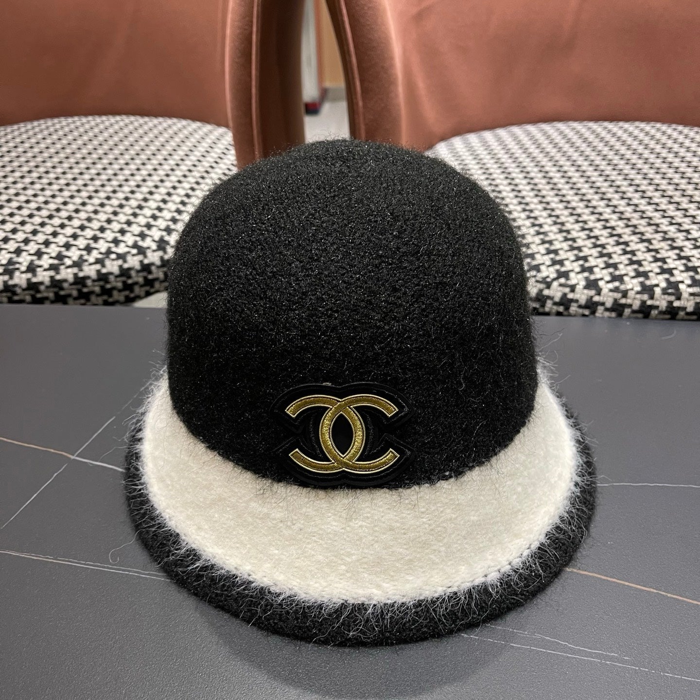 Chanel Women's Plush Bucket Black mix White Hat 980037
