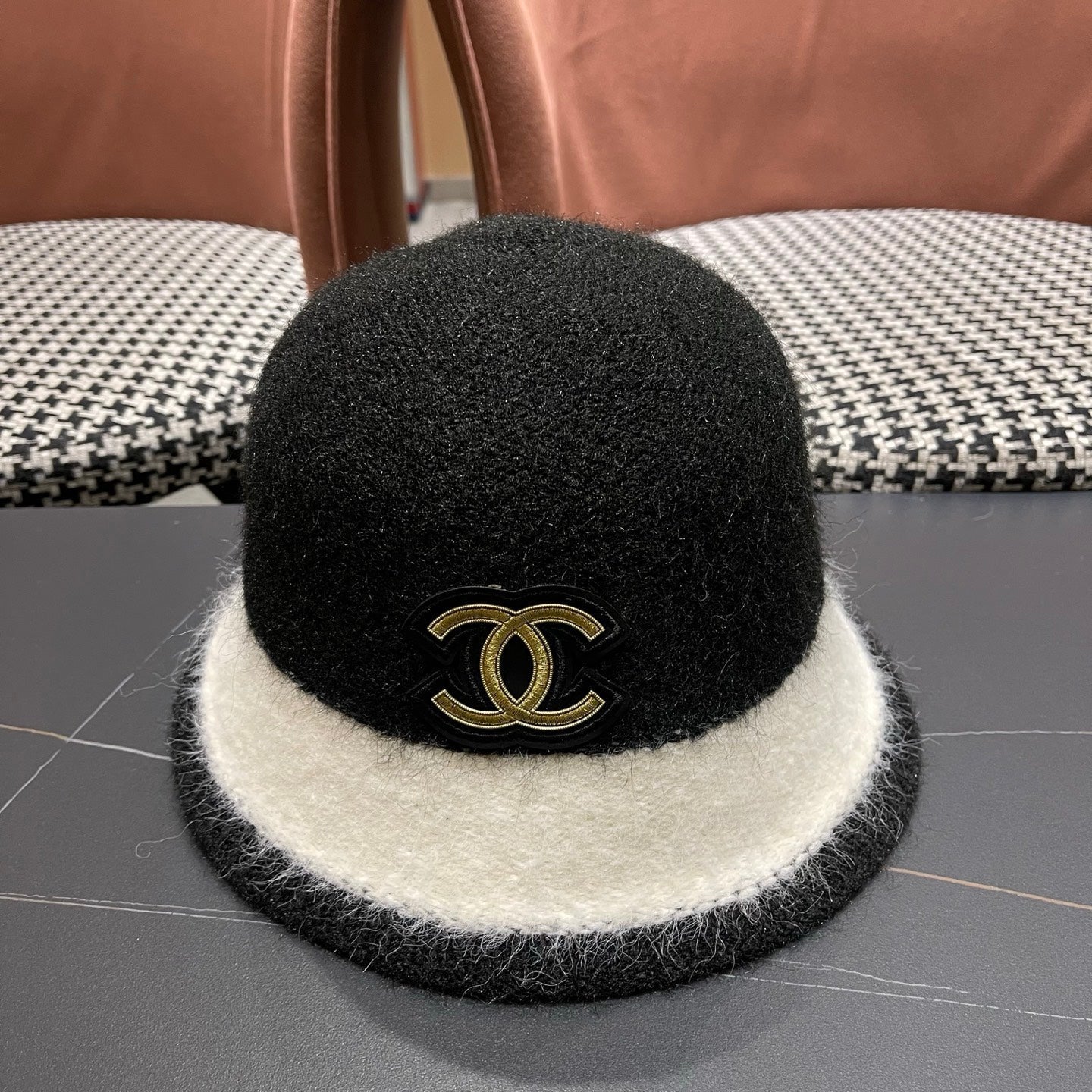 Chanel Women's Plush Bucket Black mix White Hat 980037