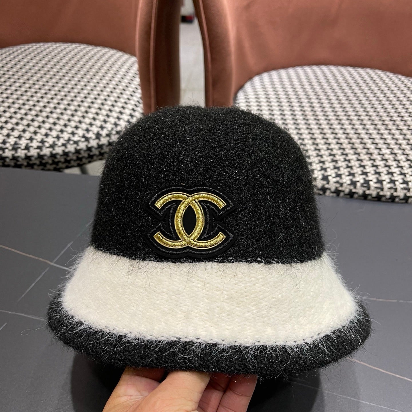 Chanel Women's Plush Bucket Black mix White Hat 980037