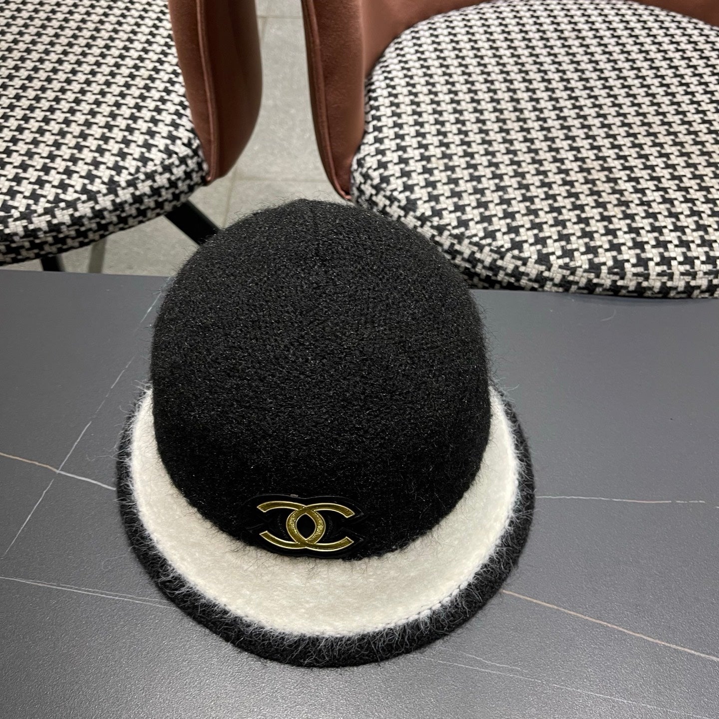 Chanel Women's Plush Bucket Black mix White Hat 980037