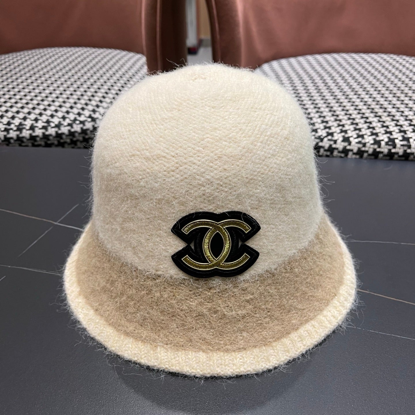 Chanel Women's Plush Bucket Ivory mix Beige Hat 980038