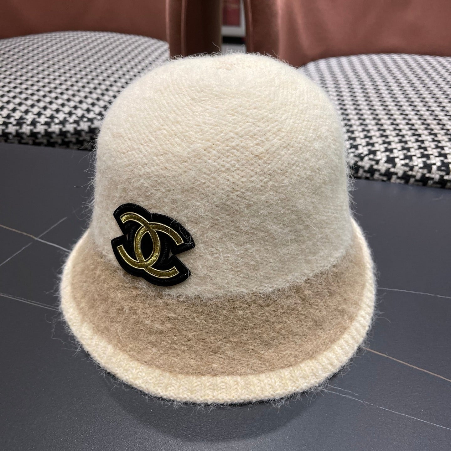 Chanel Women's Plush Bucket Ivory mix Beige Hat 980038