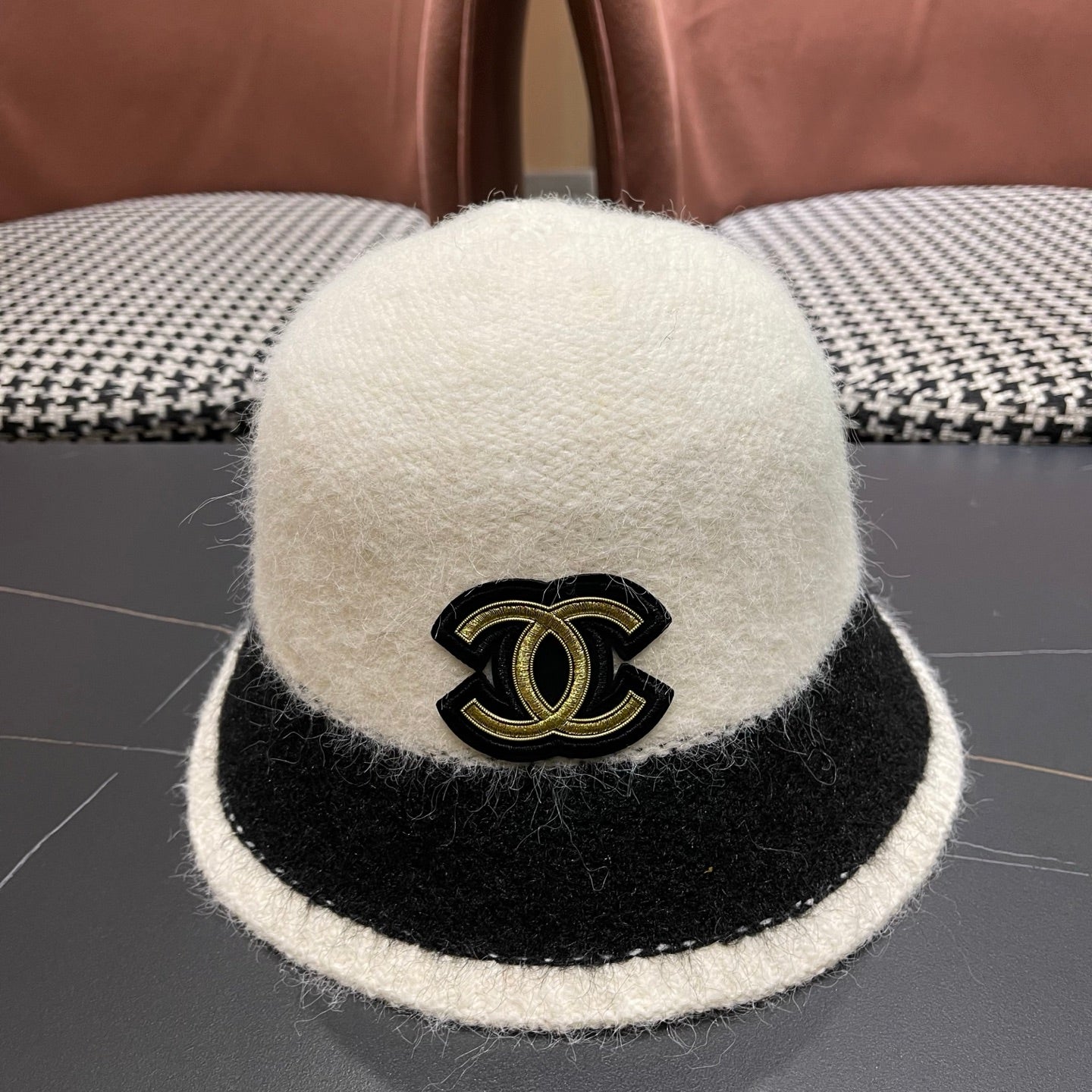 Chanel Women's Plush Bucket White mix Black Hat 980039