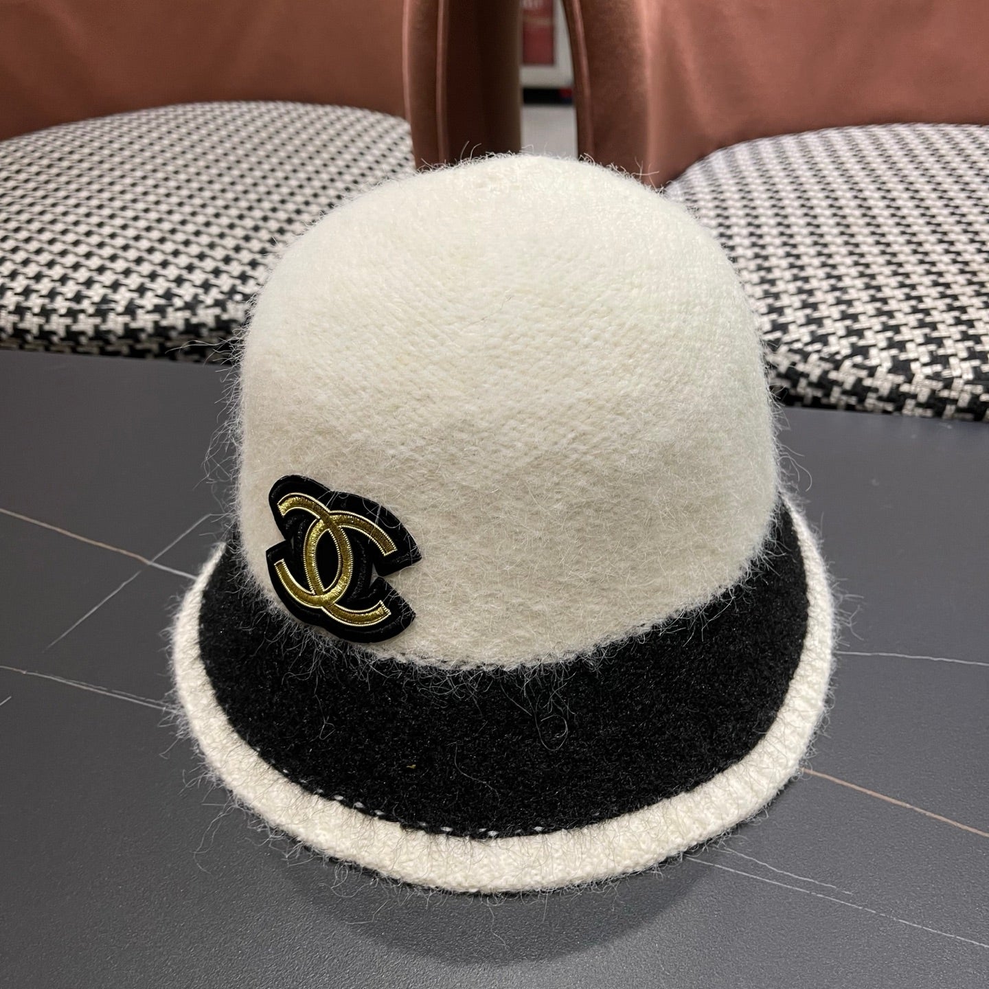 Chanel Women's Plush Bucket White mix Black Hat 980039
