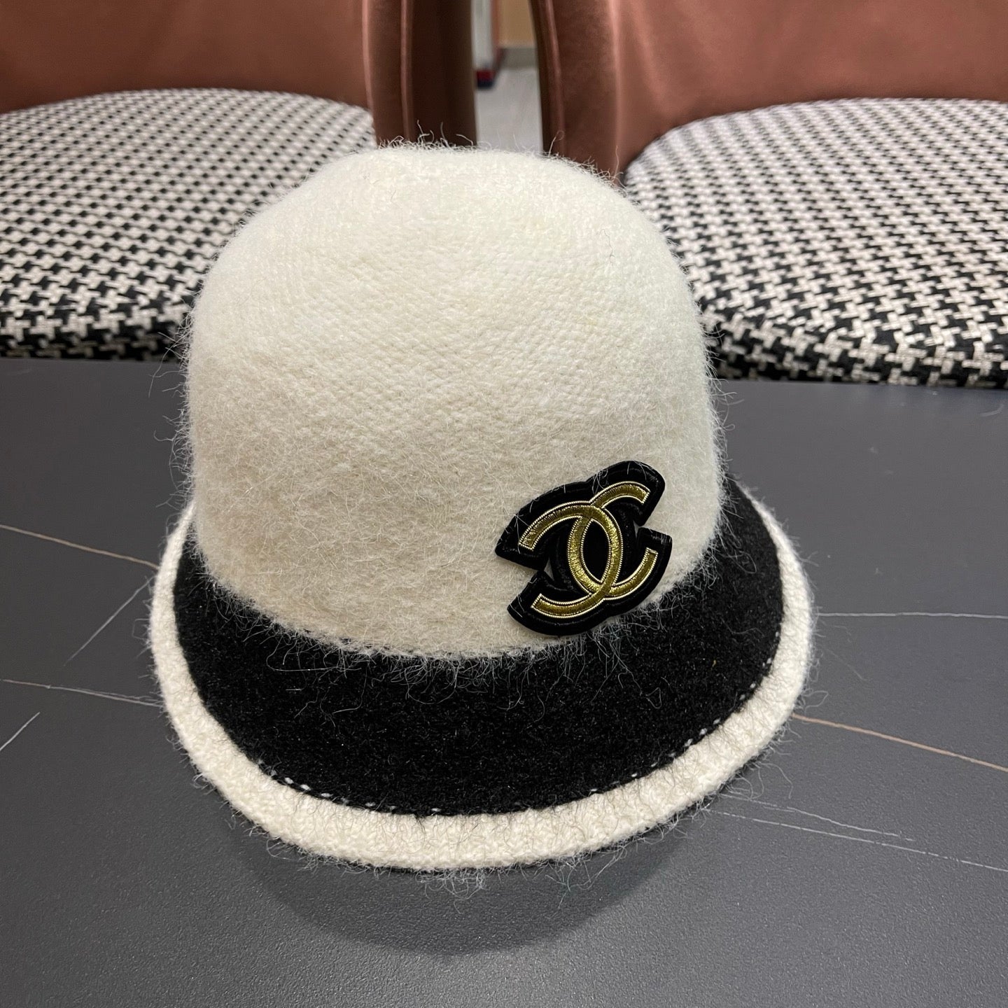 Chanel Women's Plush Bucket White mix Black Hat 980039