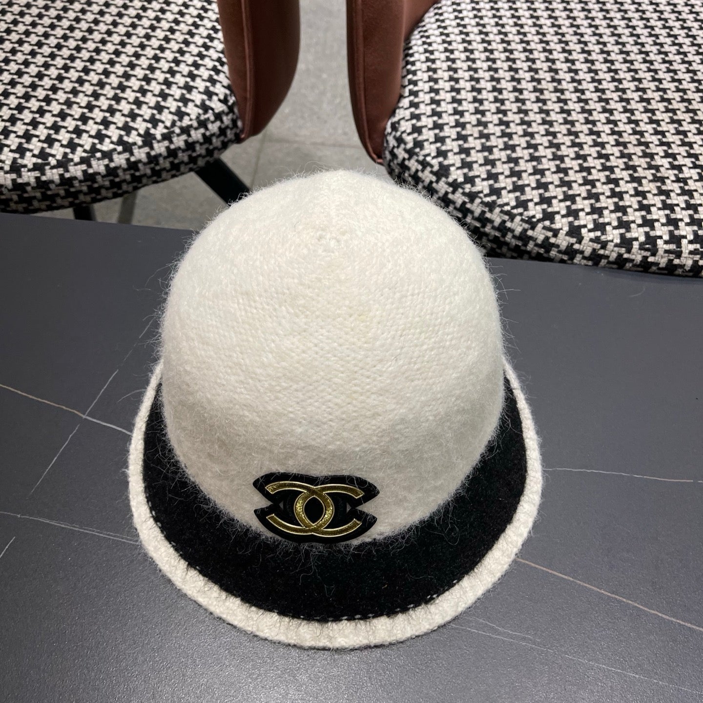 Chanel Women's Plush Bucket White mix Black Hat 980039