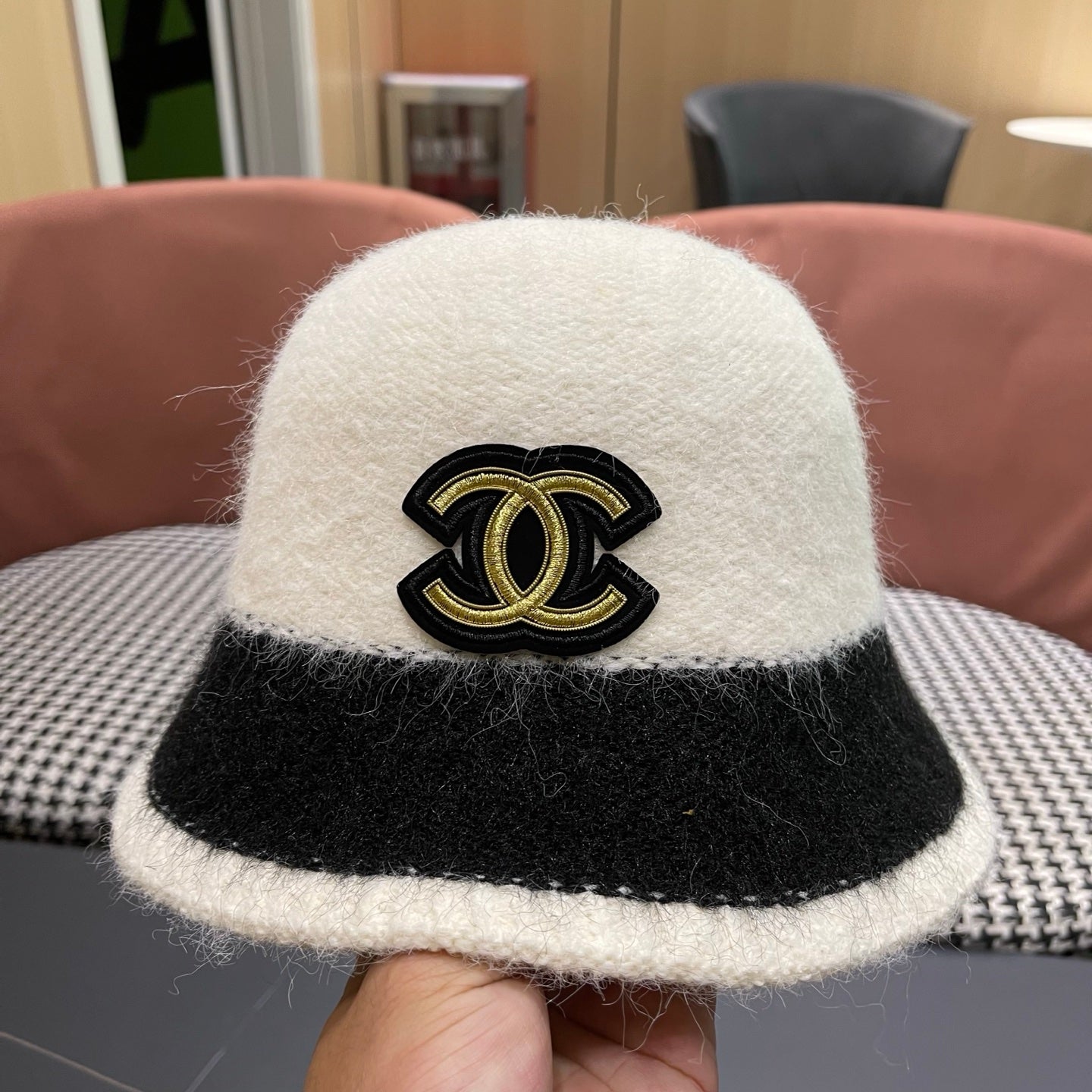 Chanel Women's Plush Bucket White mix Black Hat 980039