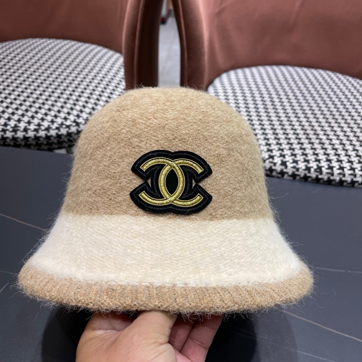 Chanel Women's Plush Bucket Beige mix Ivory Hat 980040