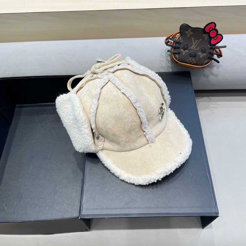 Chanel Korean Style White Shearling Earflap Hat 980321