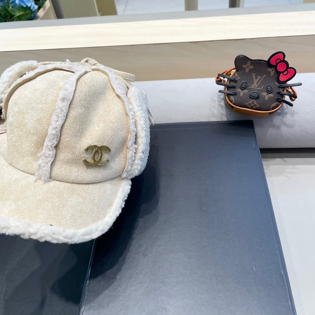 Chanel Korean Style White Shearling Earflap Hat 980321