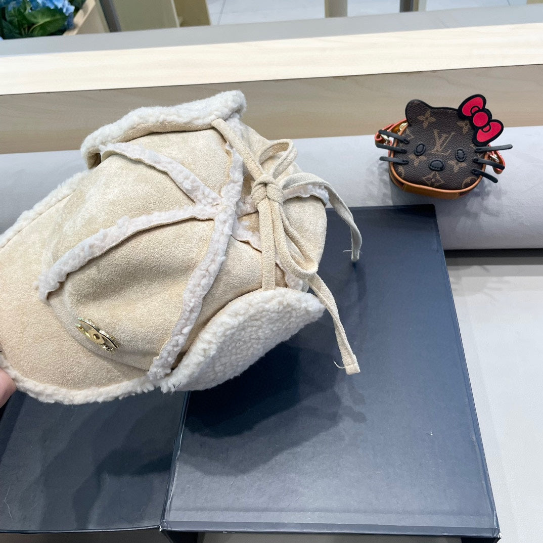 Chanel Korean Style White Shearling Earflap Hat 980321
