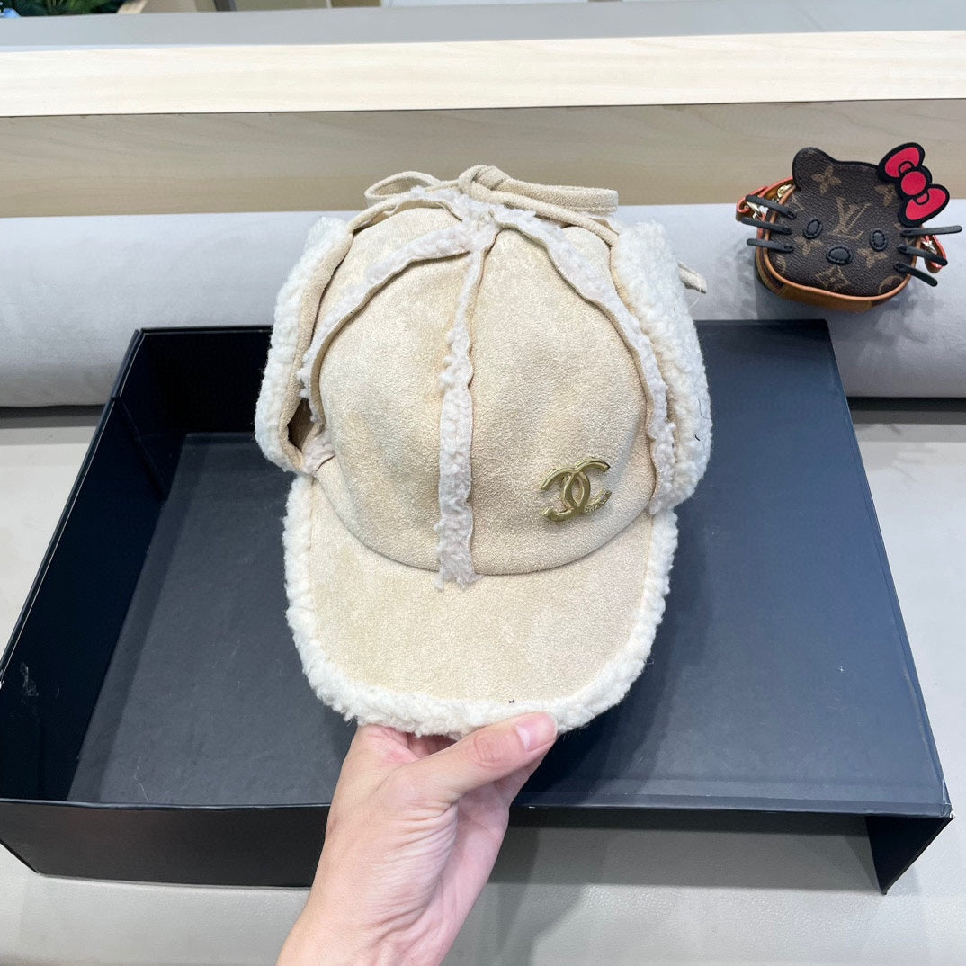 Chanel Korean Style White Shearling Earflap Hat 980321