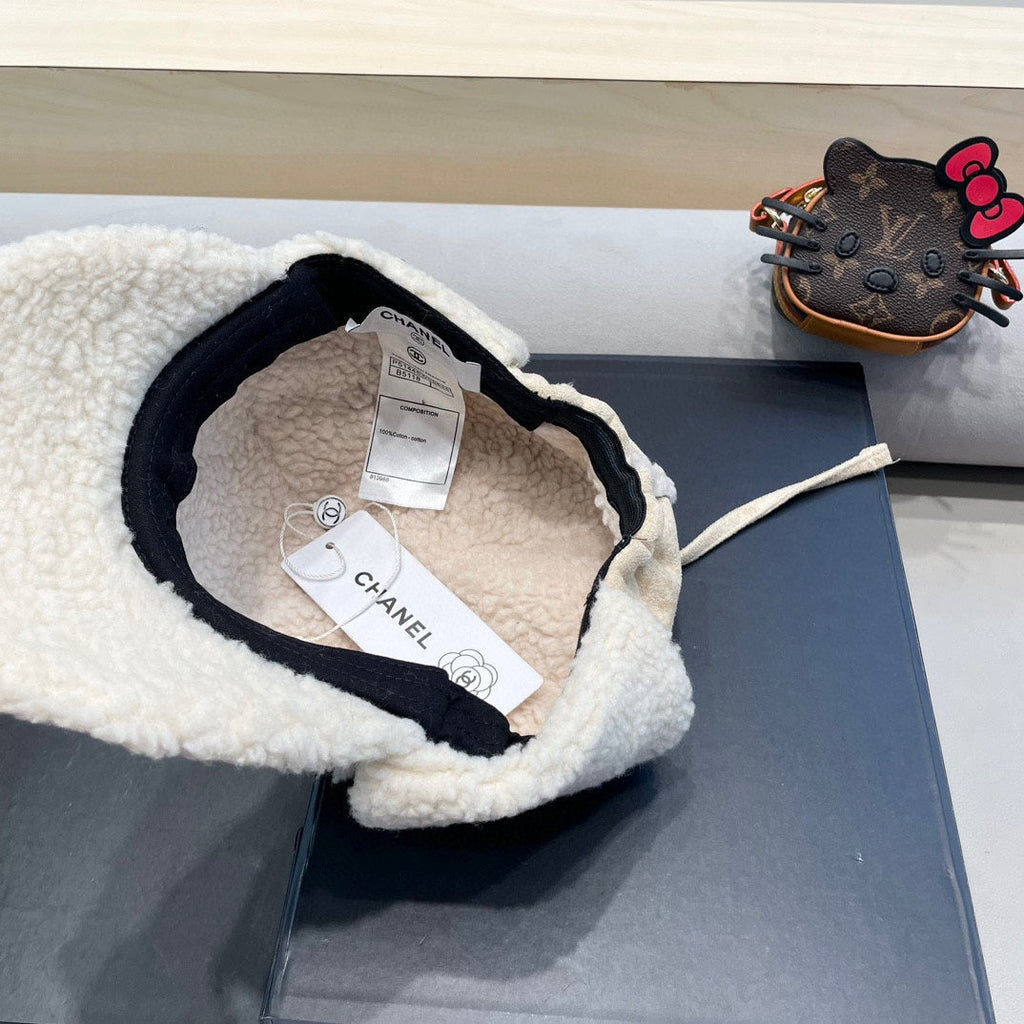 Chanel Korean Style White Shearling Earflap Hat 980321