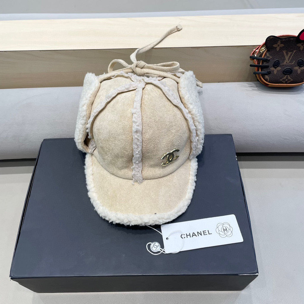Chanel Korean Style White Shearling Earflap Hat 980321