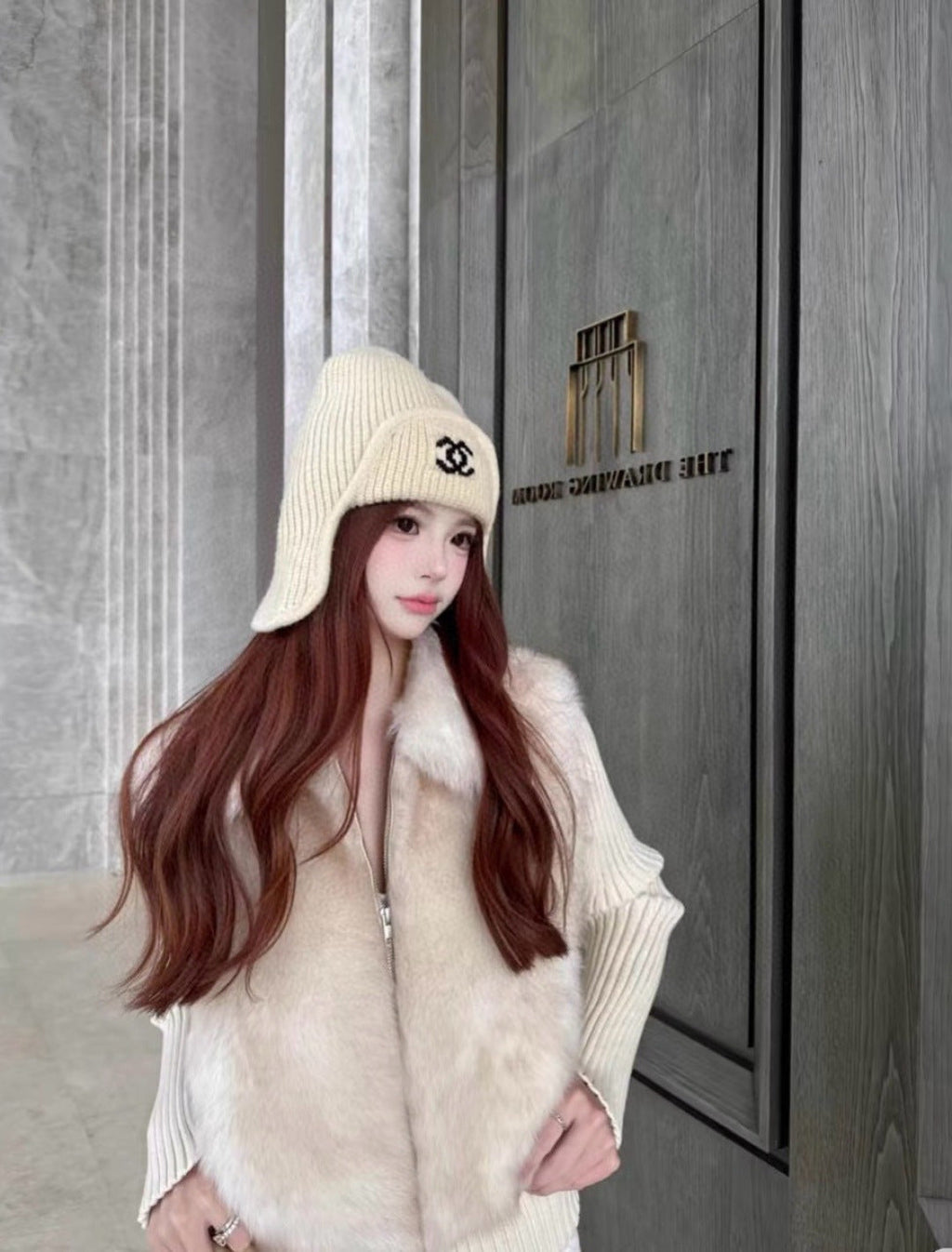 Chanel Knitted Beanie Earflap Cap Cream Fibrous 980284