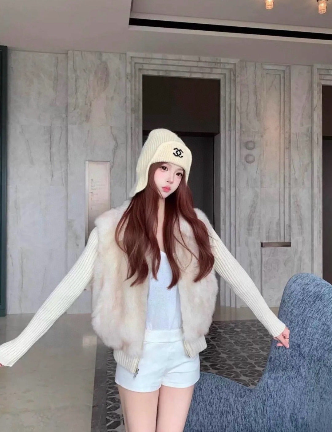 Chanel Knitted Beanie Earflap Cap Cream Fibrous 980284