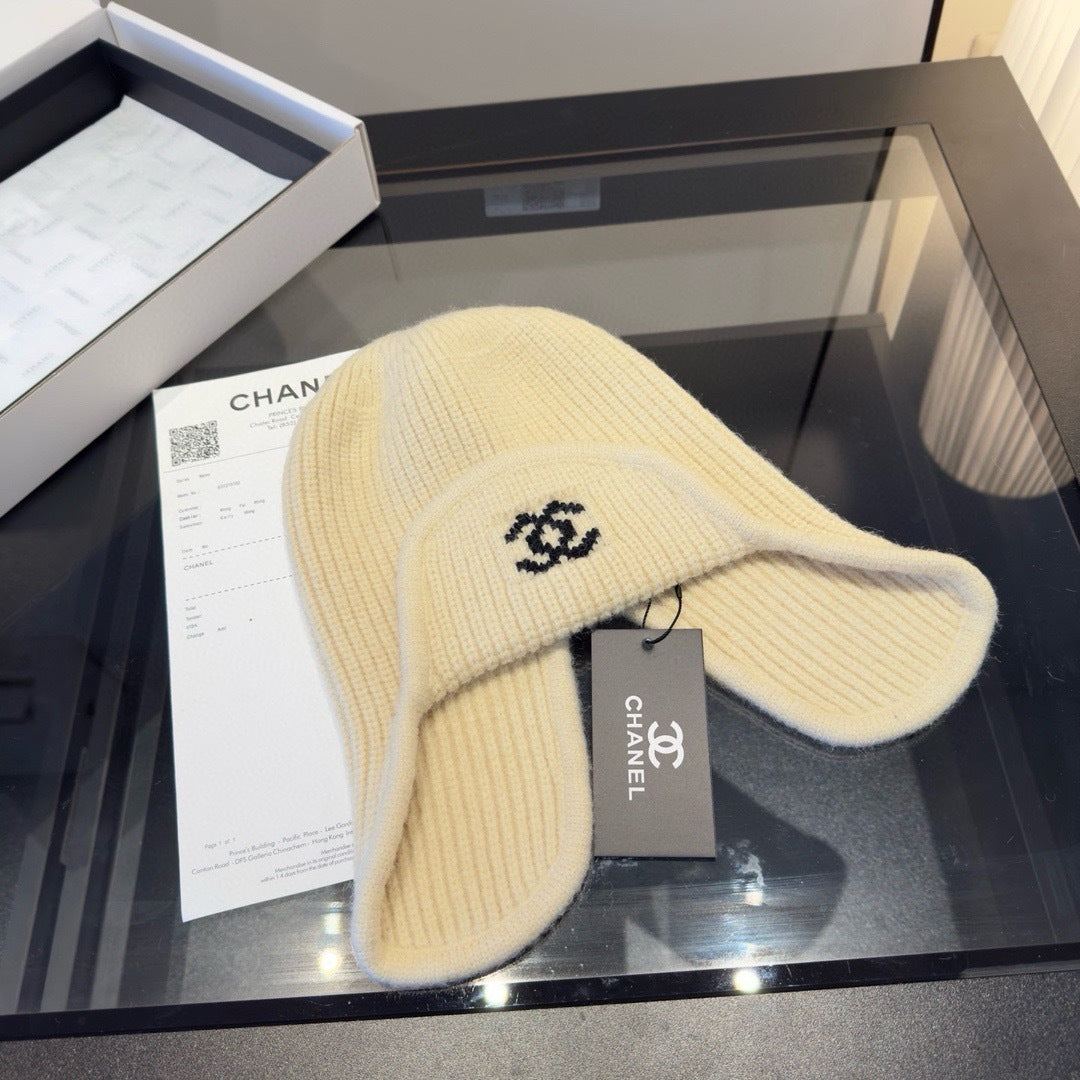 Chanel Knitted Beanie Earflap Cap Cream Fibrous 980284