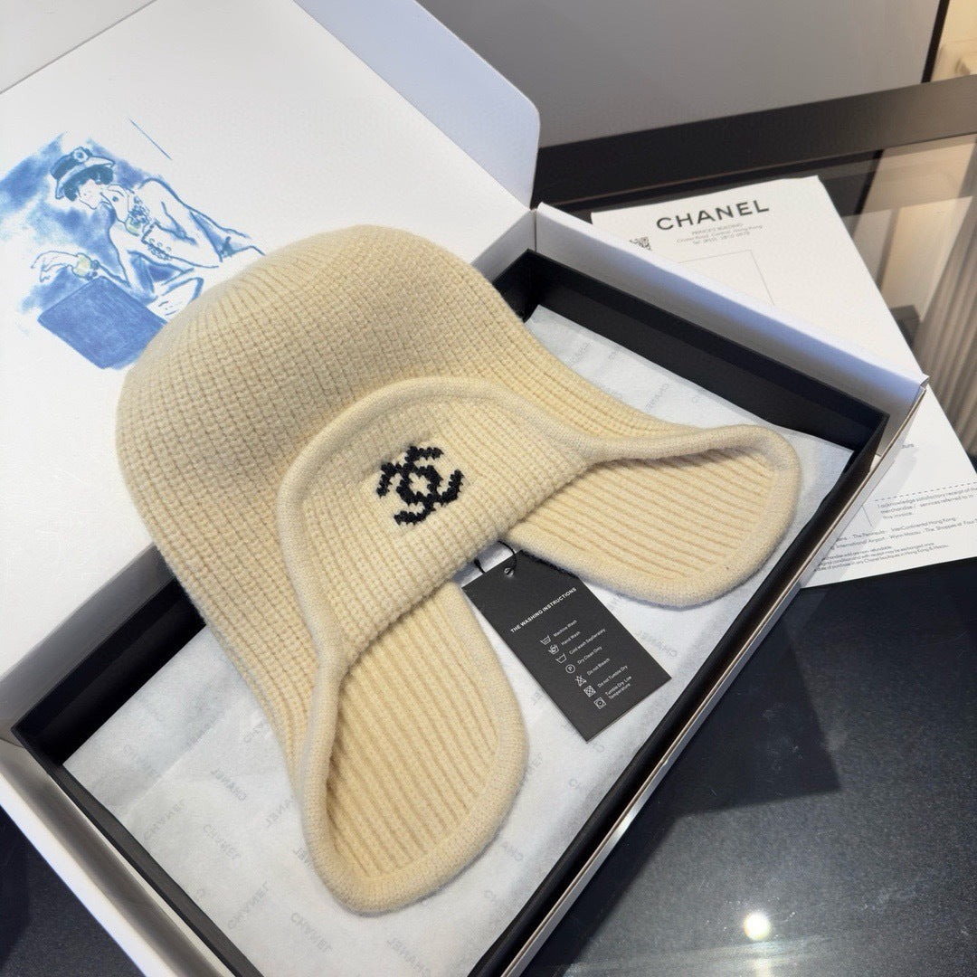 Chanel Knitted Beanie Earflap Cap Cream Fibrous 980284