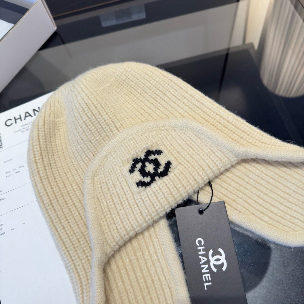 Chanel Knitted Beanie Earflap Cap Cream Fibrous 980284