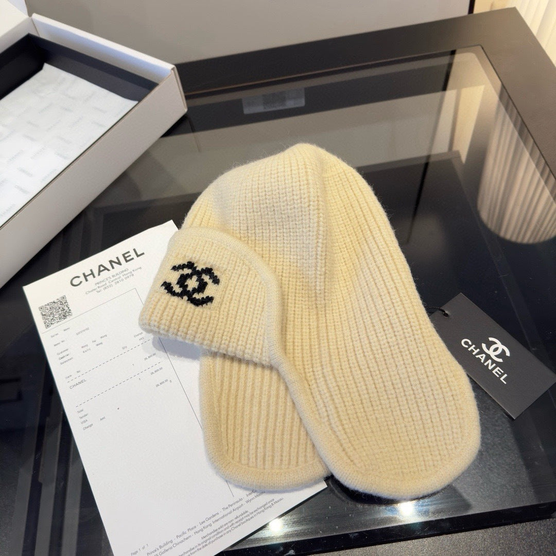Chanel Knitted Beanie Earflap Cap Cream Fibrous 980284