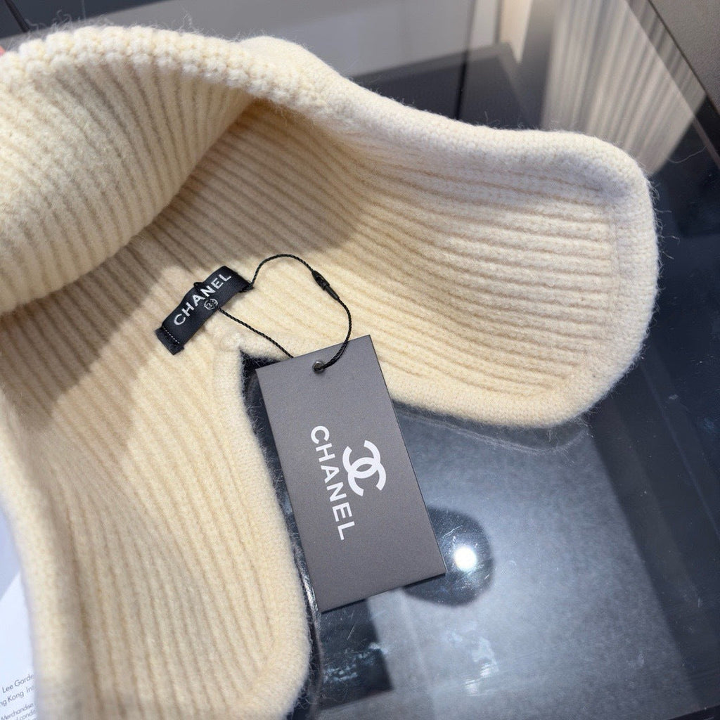 Chanel Knitted Beanie Earflap Cap Cream Fibrous 980284