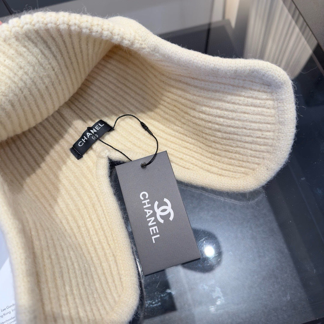 Chanel Knitted Beanie Earflap Cap Cream Fibrous 980284