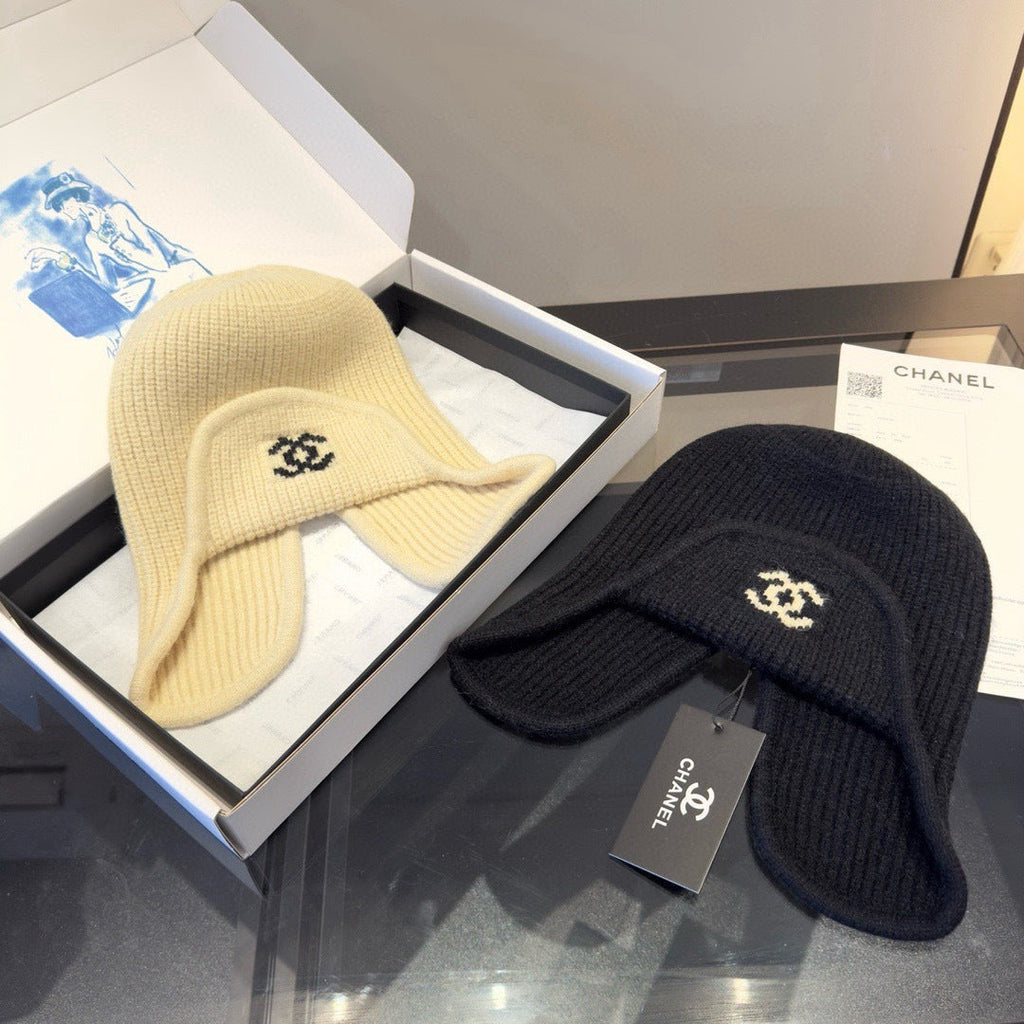 Chanel Knitted Beanie Earflap Cap Cream Fibrous 980284