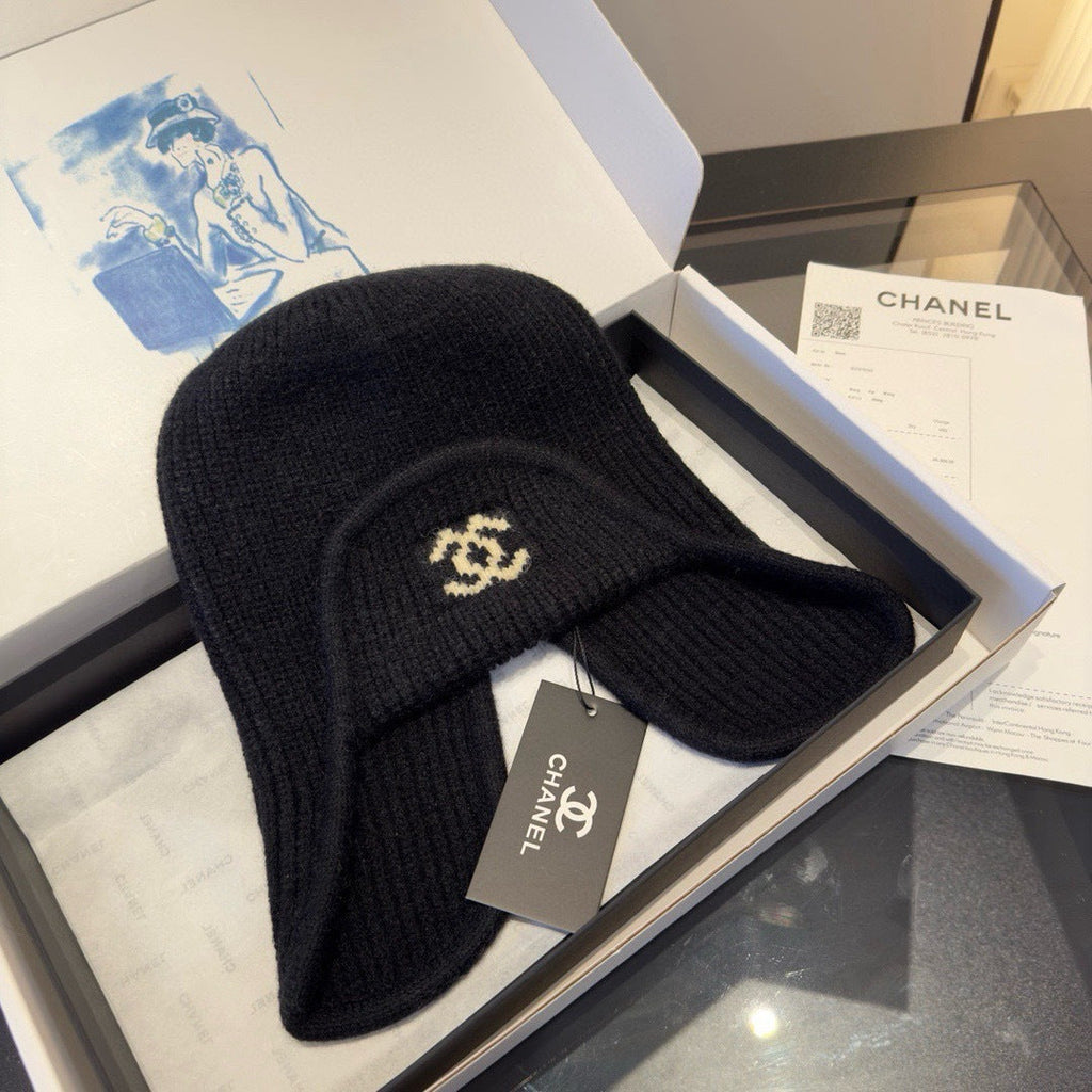 Chanel Knitted Beanie Earflap Cap Black Fibrous 980283