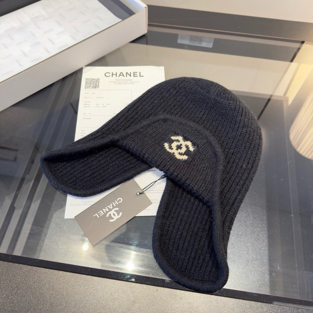 Chanel Knitted Beanie Earflap Cap Black Fibrous 980283