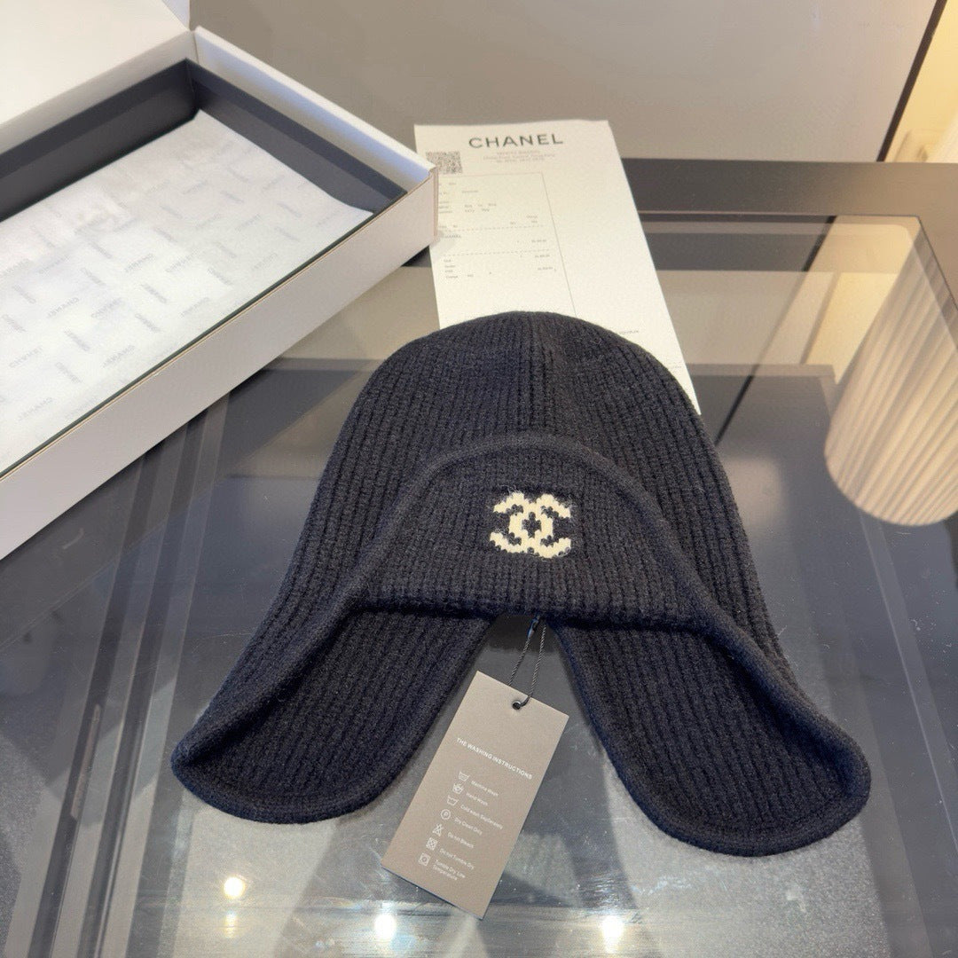 Chanel Knitted Beanie Earflap Cap Black Fibrous 980283