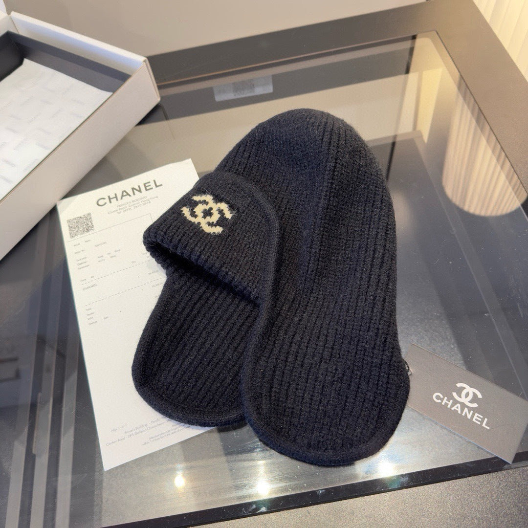 Chanel Knitted Beanie Earflap Cap Black Fibrous 980283