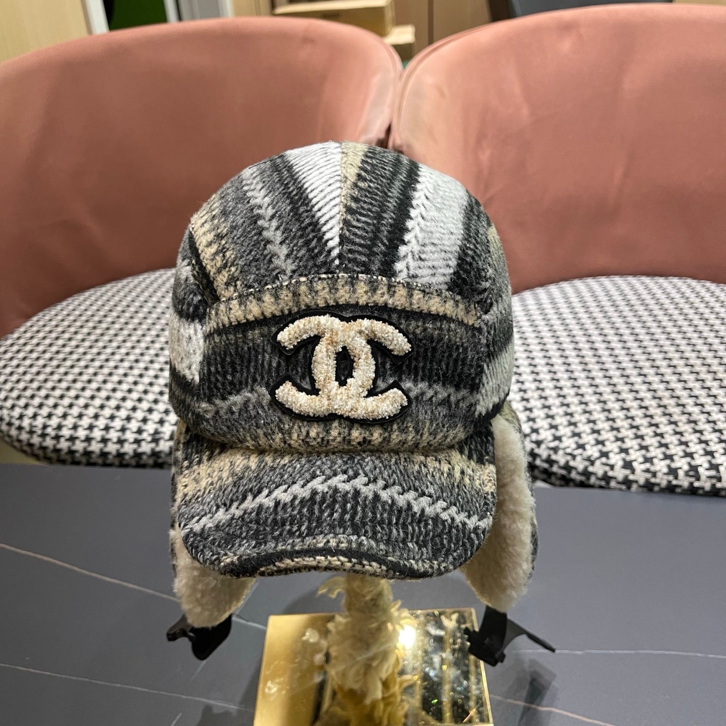 Chanel Winter Earflap Black Beige Fleece Hat 980017
