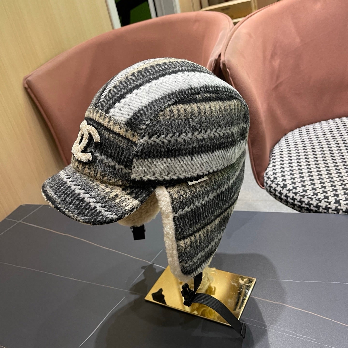 Chanel Winter Earflap Black Beige Fleece Hat 980017